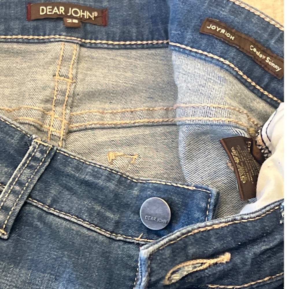 Dear John Joyrich Comfort Skinny Jeans Blue Distressed‎ Patch Denim Womens